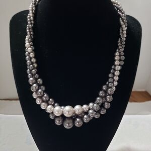 Beautiful Vintage RMN Triple Twisted strand  faux pearl gray tone necklace